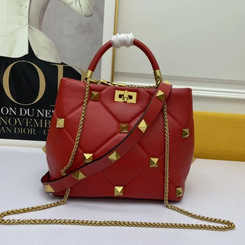 Valentino Red Studded Leather Handbag with Chain Strap