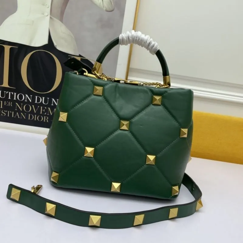 Valentino Dark Green Studded Leather Handbag 692 - Image 3