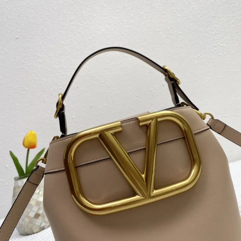 Valentino Beige V Logo Leather Bucket Handbag 5002 - Image 4