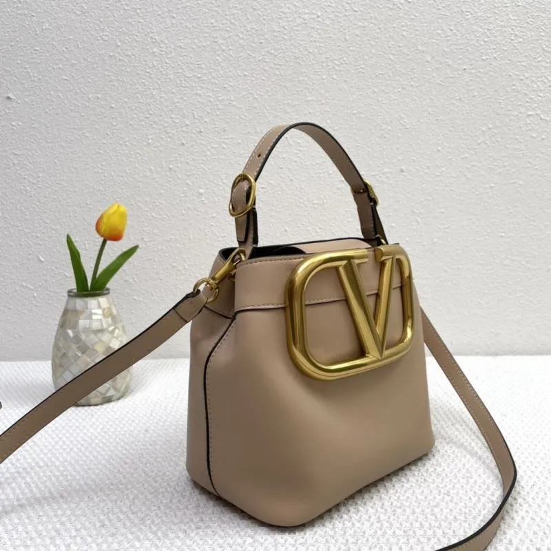 Valentino Beige V Logo Leather Bucket Handbag 5002 - Image 5