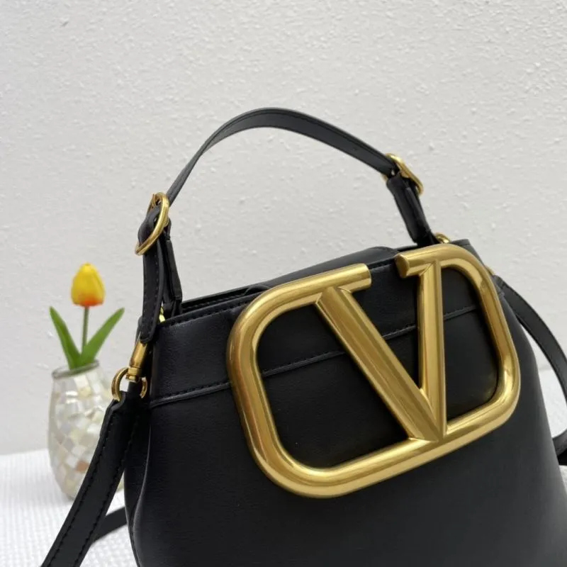 Valentino Black Leather V Logo Bucket Handbag 5002 - Image 4