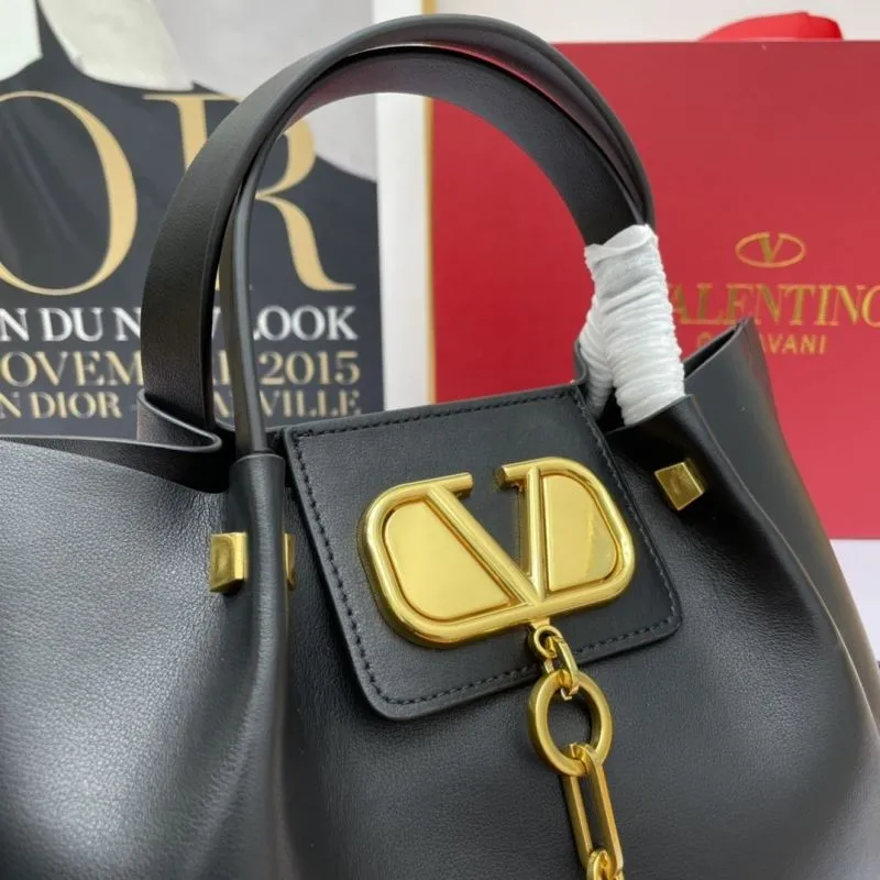 Valentino Black Leather Tote Bag 795 with Shoulder Strap - Image 4
