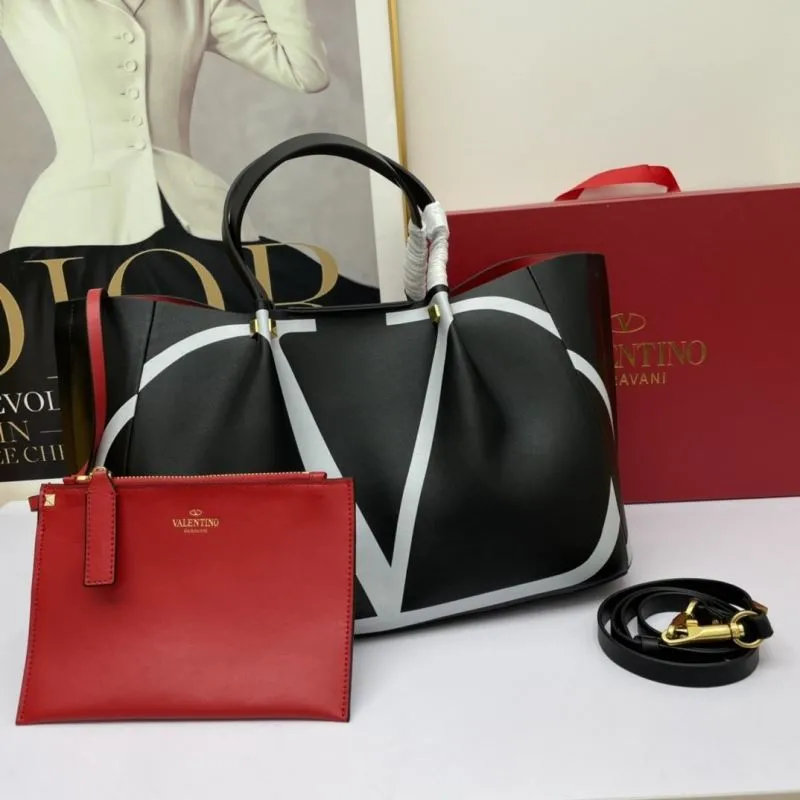 Valentino Black Leather Tote Bag with Red Pouch