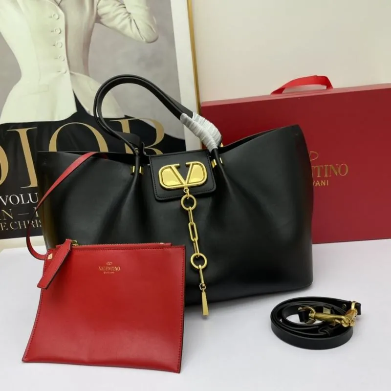 Valentino Black Leather Tote Bag with Red Pouch 797