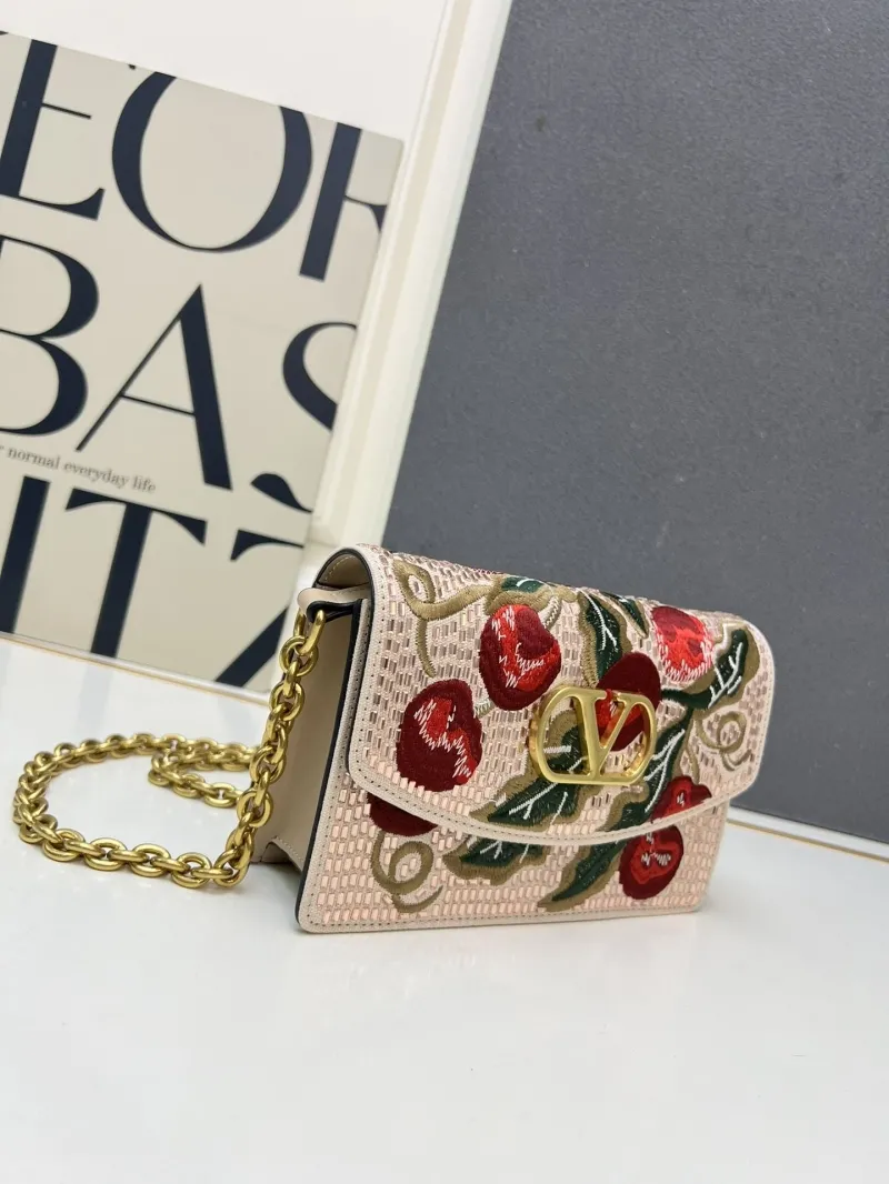 Valentino Light Pink Cherry Embroidered Chain Crossbody Bag - Image 3