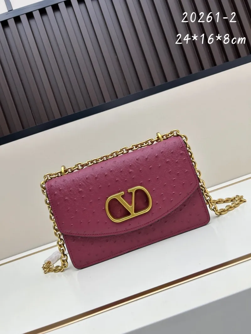 Valentino Burgundy Ostrich Leather Chain Crossbody Bag 20261-2
