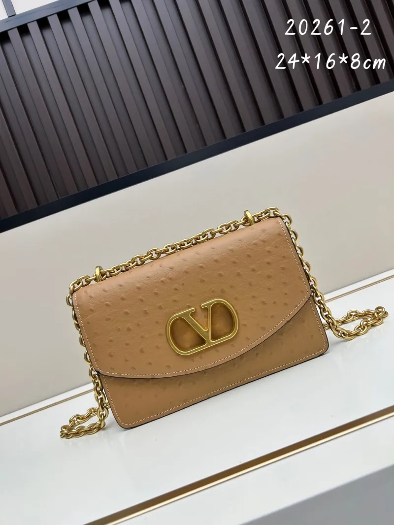 Valentino Tan Ostrich Leather Chain Satchel Bag 20261-2