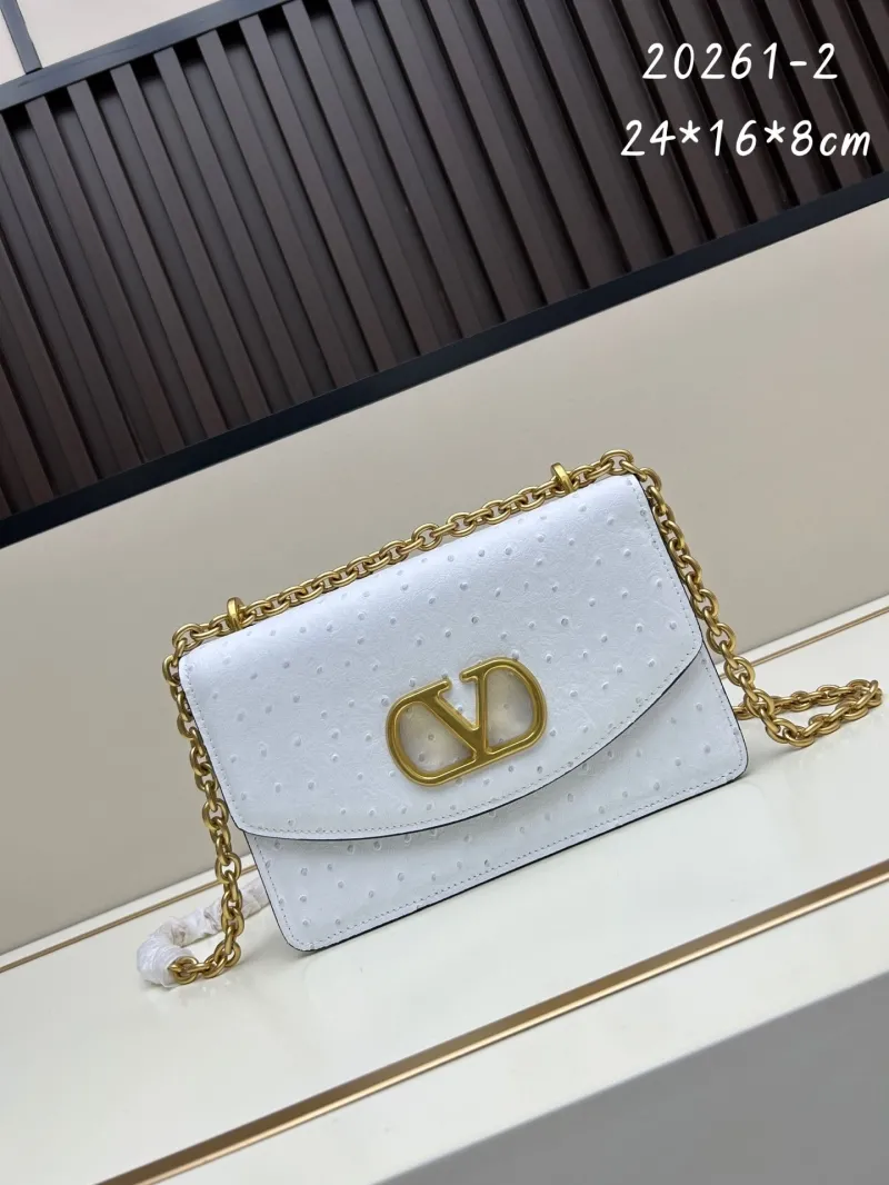 Valentino White Ostrich Leather Chain Satchel Bag