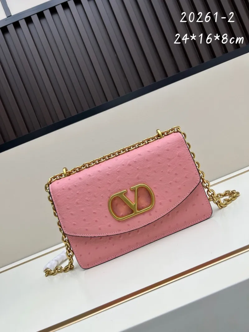 Valentino Pink Ostrich Leather Chain Satchel Bag 20261-2