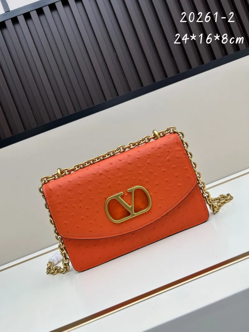Valentino Orange Ostrich Leather Chain Satchel Bag 20261-2