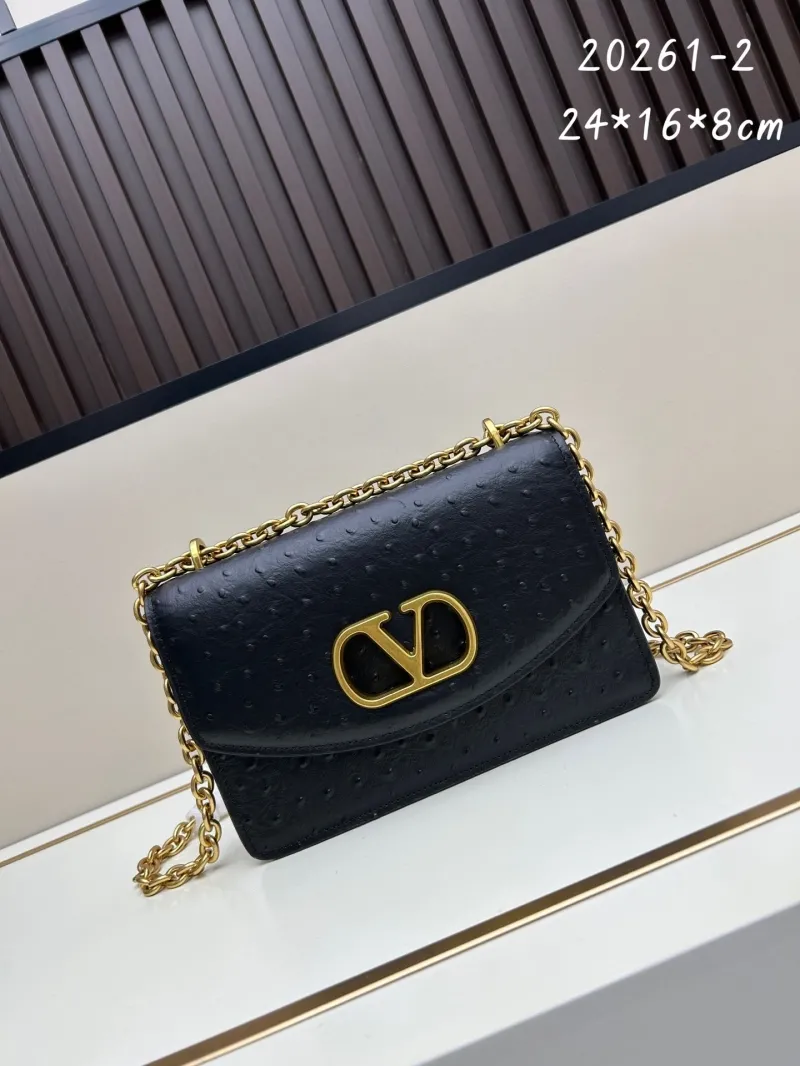 Valentino Black Ostrich Leather Chain Satchel Bag 20261-2