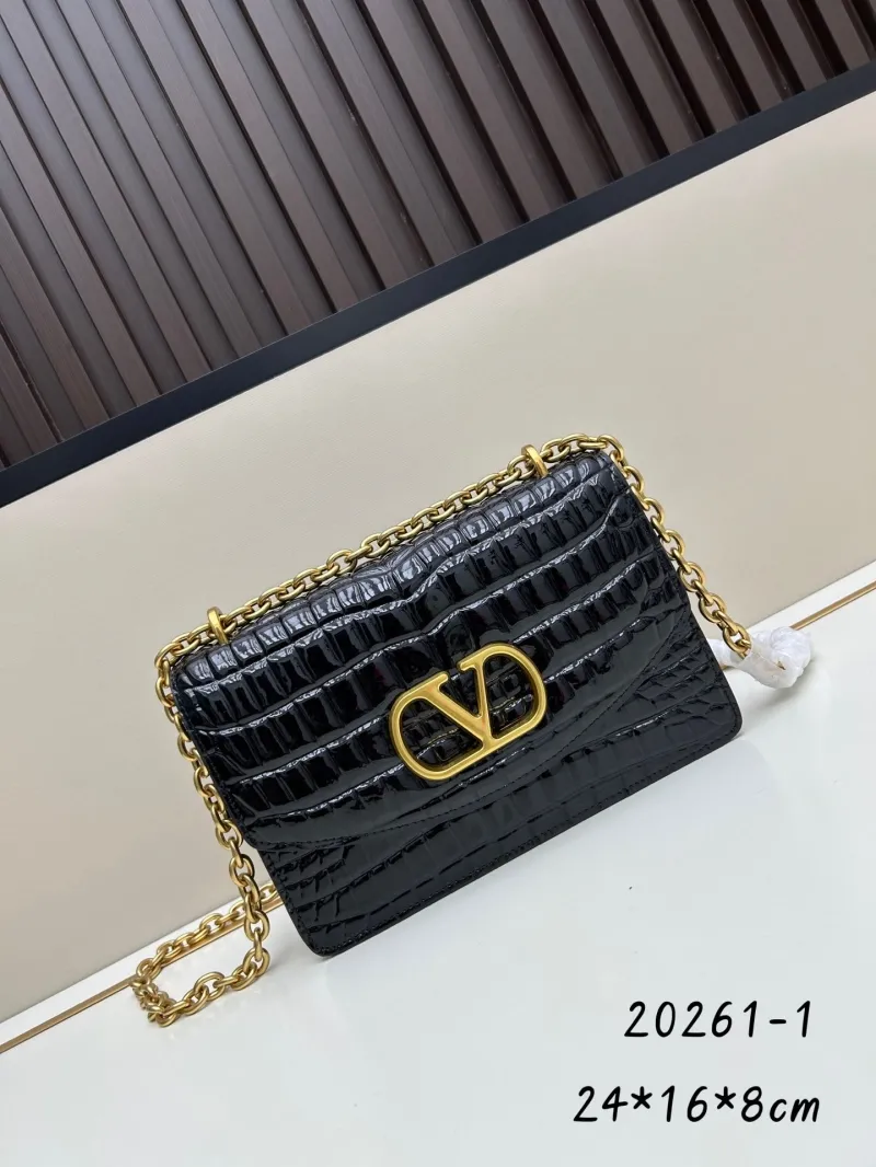 Valentino Black Crocodile Embossed Chain Shoulder Bag 20261-1