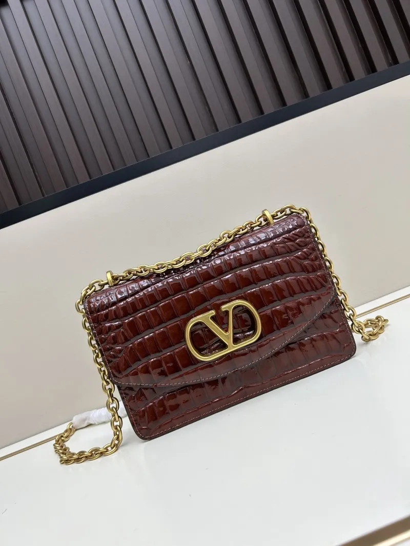 Valentino Brown Croc Embossed Chain Satchel Bag