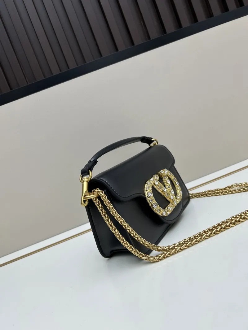 Valentino Black Leather Satchel Bag with Gold Chain