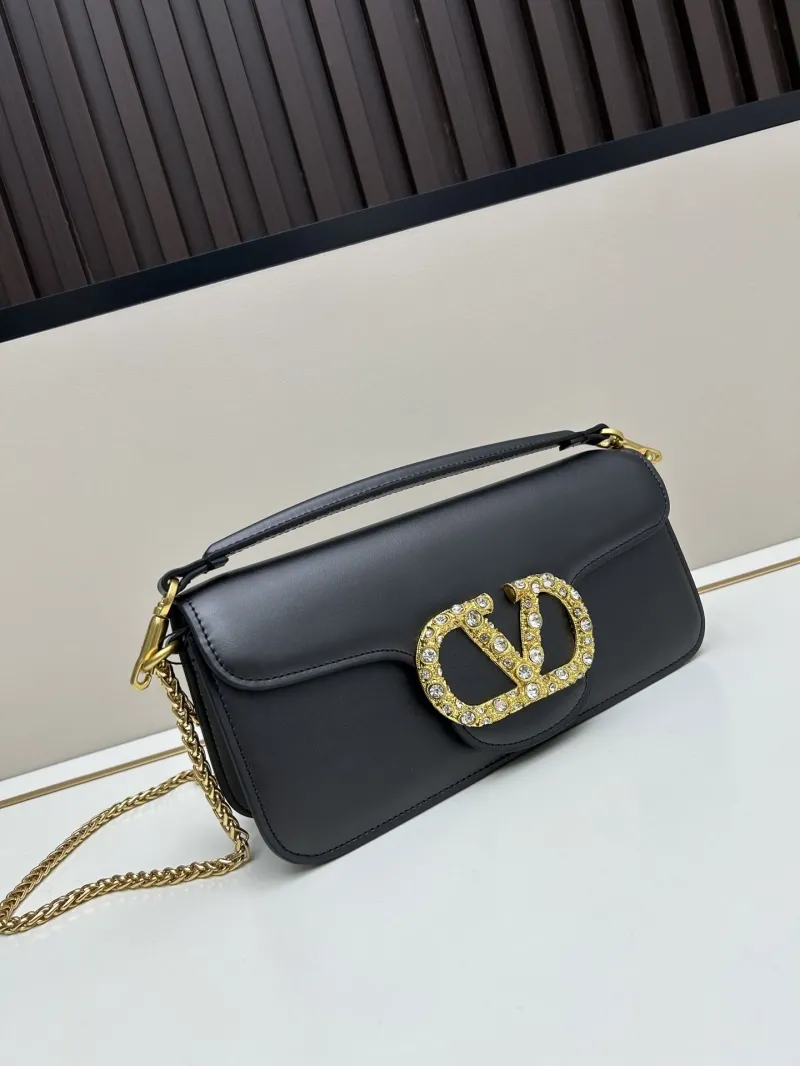 Valentino Black Crystal V Logo Leather Satchel Bag