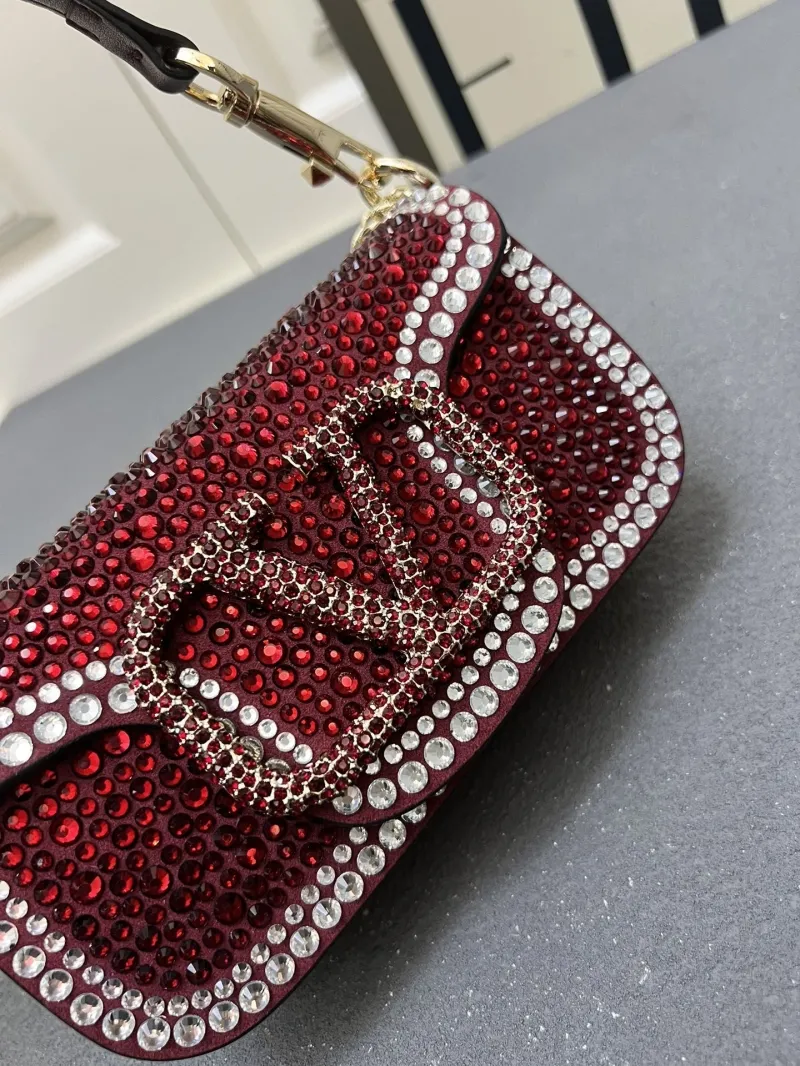 Valentino Burgundy Crystal Embellished Satchel Bag 1V5022 - Image 4