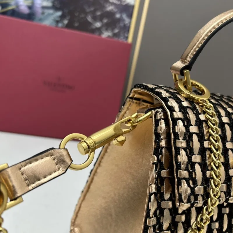 Valentino 23234 Gold Woven Satchel Crossbody Bag - Image 6
