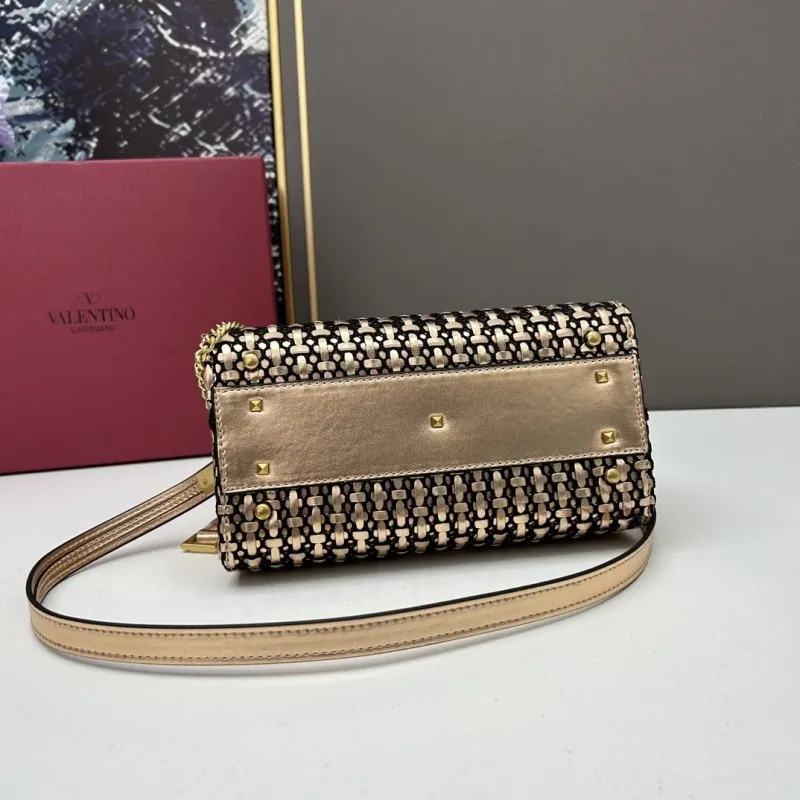 Valentino 23234 Gold Woven Satchel Crossbody Bag - Image 7