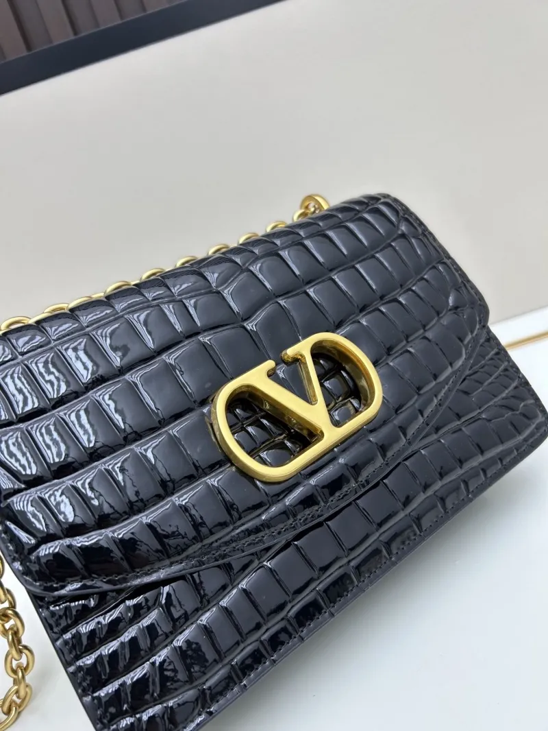 Valentino Black Croc Embossed Chain Shoulder Bag 20261-1 - Image 4