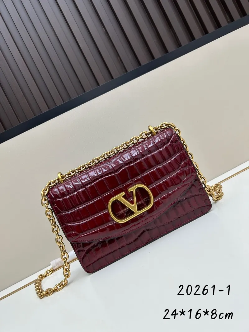 Valentino Burgundy Crocodile Embossed Satchel Bag 20261-1