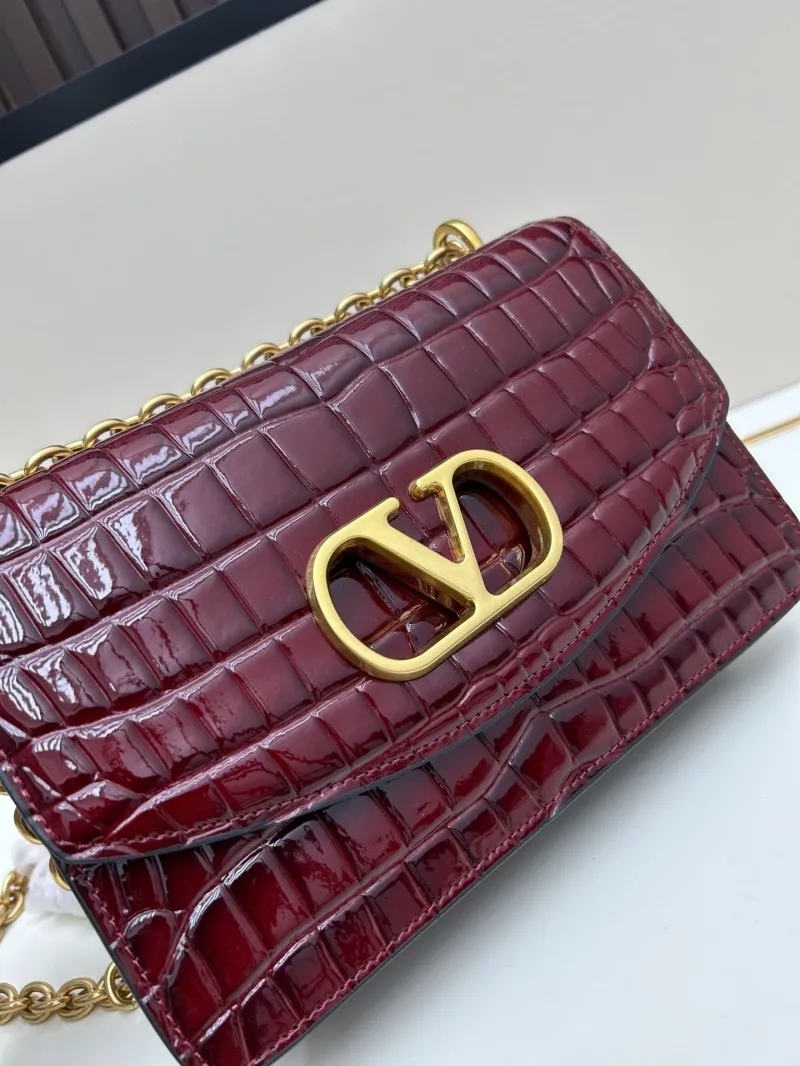 Valentino Burgundy Croc Embossed Chain Satchel Bag 20261-1 - Image 4