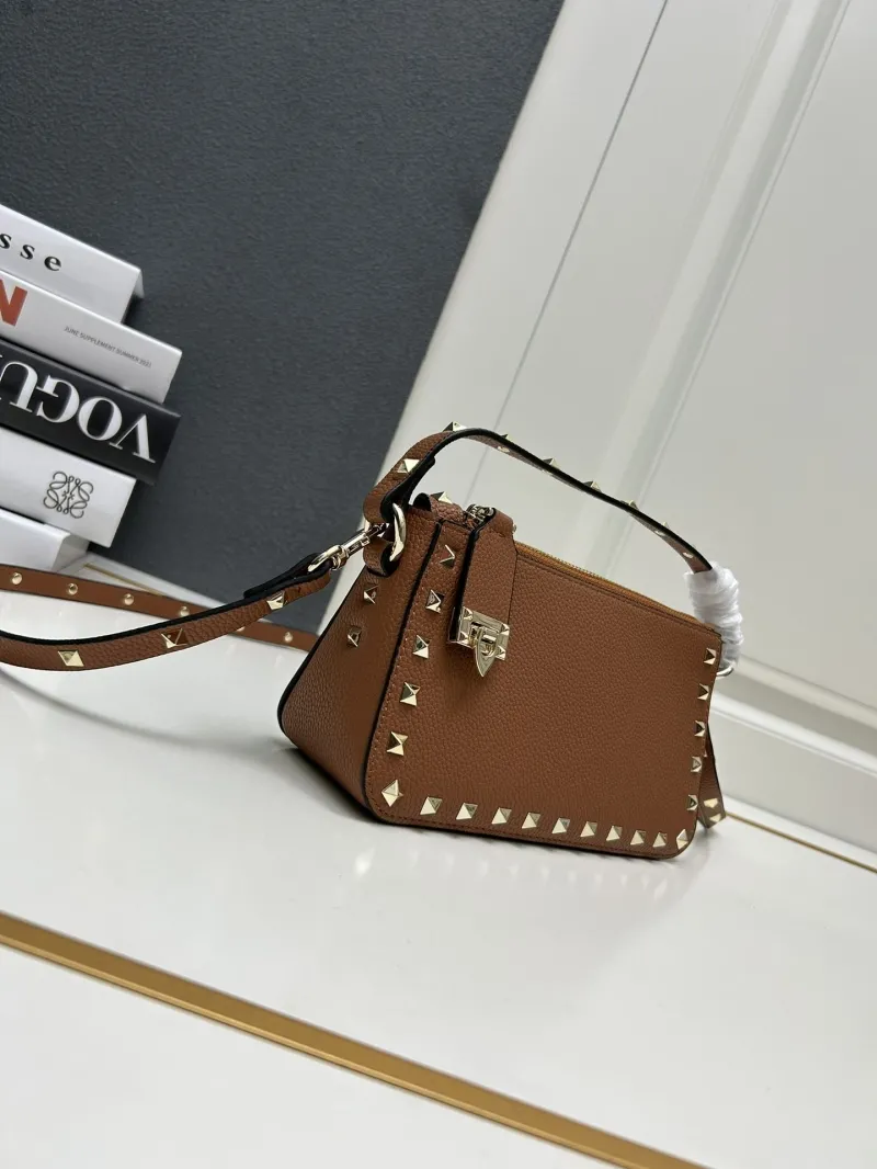 Valentino Brown Studded Leather Satchel Bag 9881 - Image 3