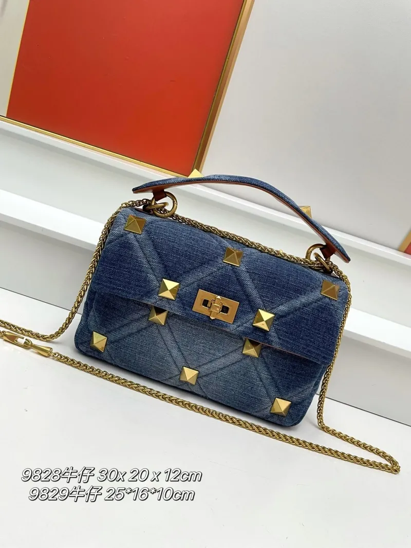 Valentino Blue Denim Gold Studded Crossbody Satchel Bag 9828