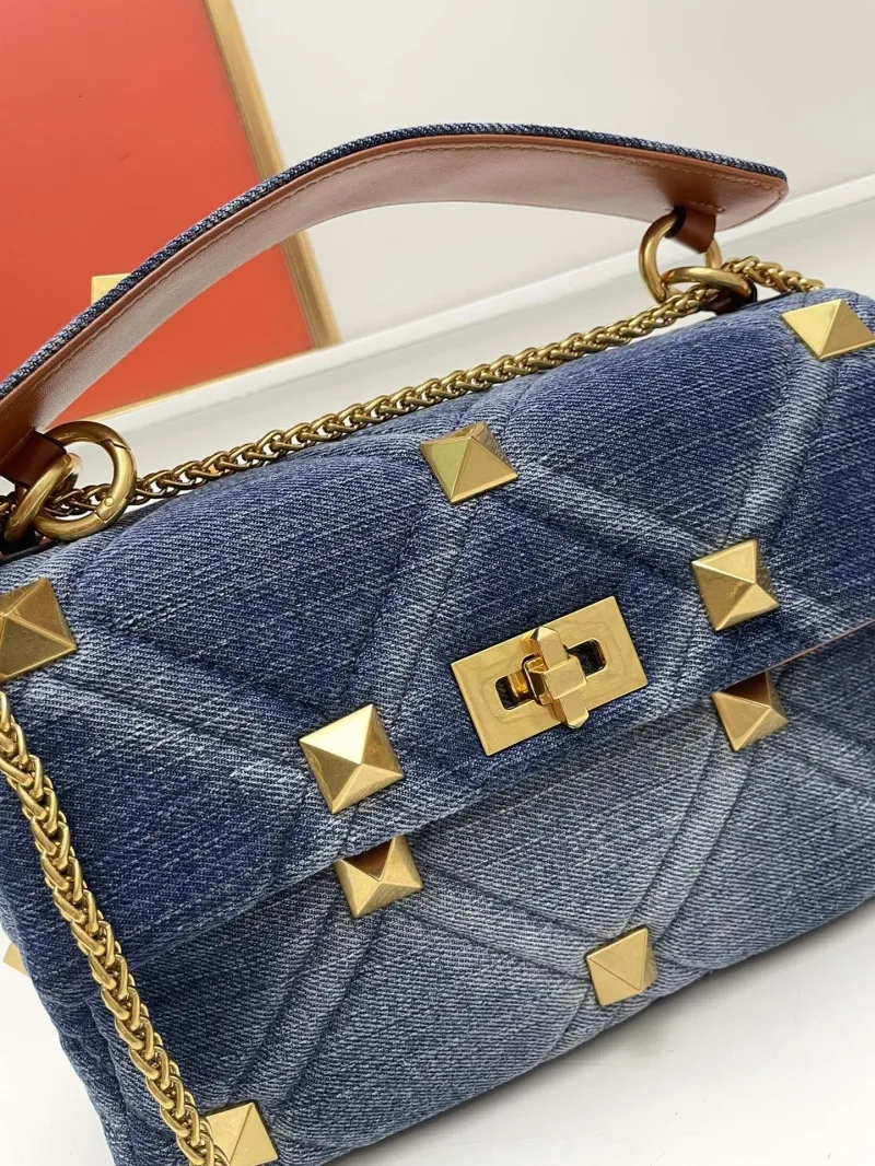 Valentino Blue Denim Gold Studded Crossbody Satchel Bag 9828 - Image 4