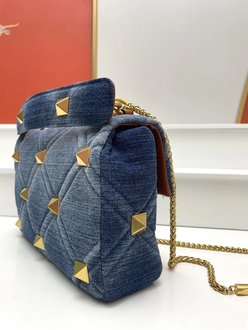 Valentino Blue Denim Gold Studded Crossbody Satchel Bag 9828 - Image 5