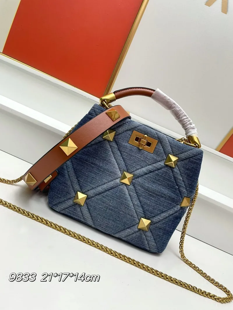 Valentino Blue Denim Studded Satchel Bag 9833