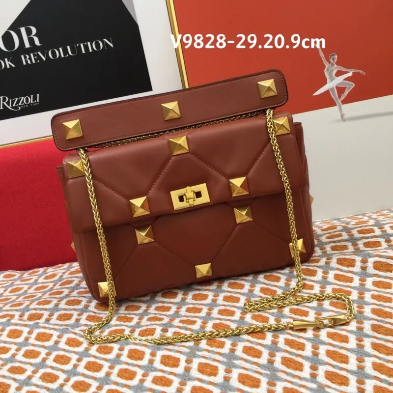 Valentino V9828 Brown Leather Studded Satchel Bag