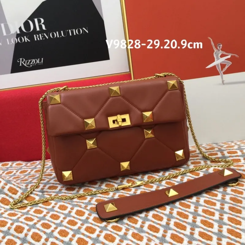 Valentino V9828 Brown Leather Studded Satchel Bag - Image 3
