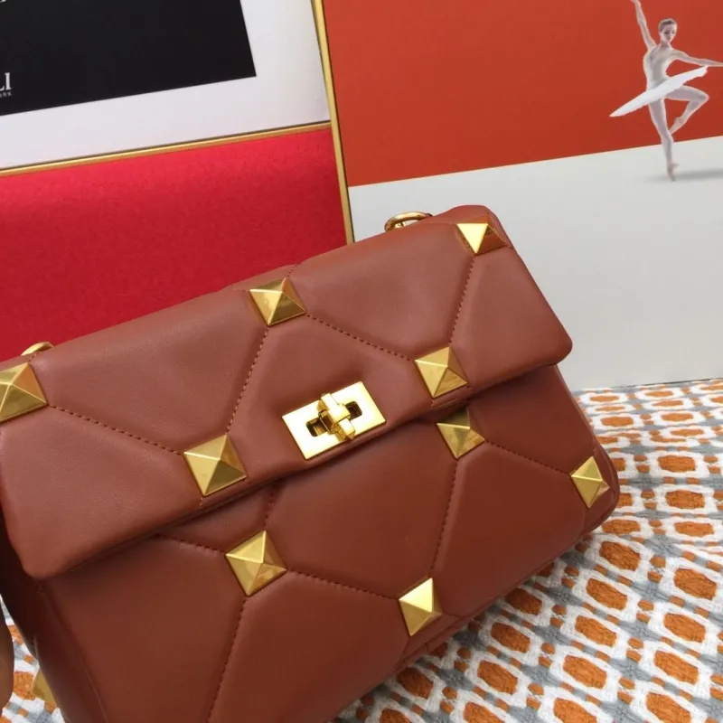 Valentino V9828 Brown Leather Studded Satchel Bag - Image 4