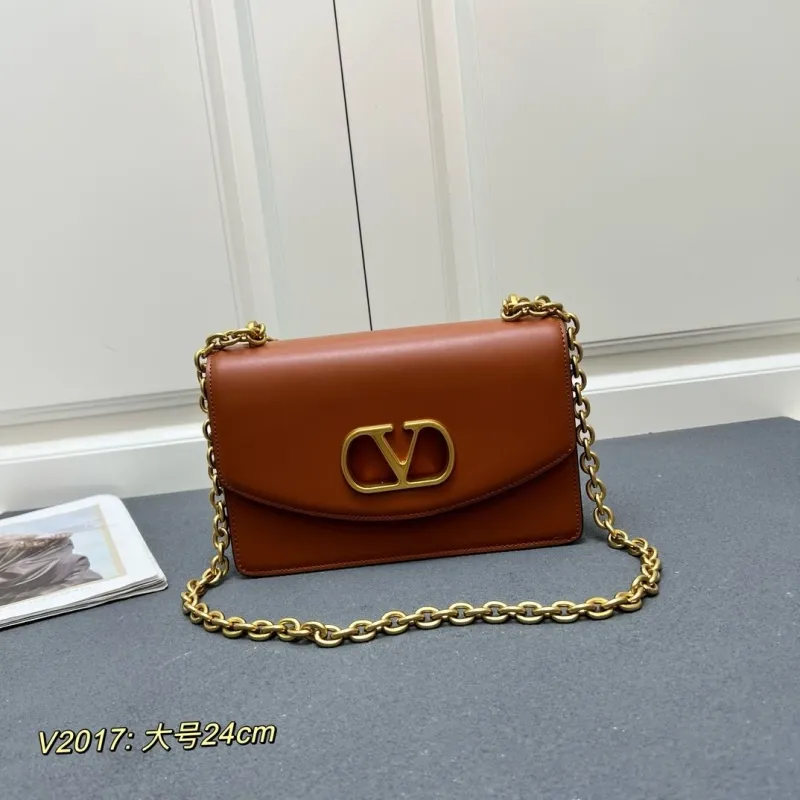 Valentino V2017 Large Brown Leather Chain Satchel Bag