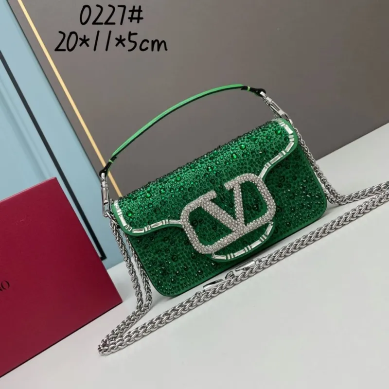 Valentino Green Rhinestone Chain Satchel Bag 0227