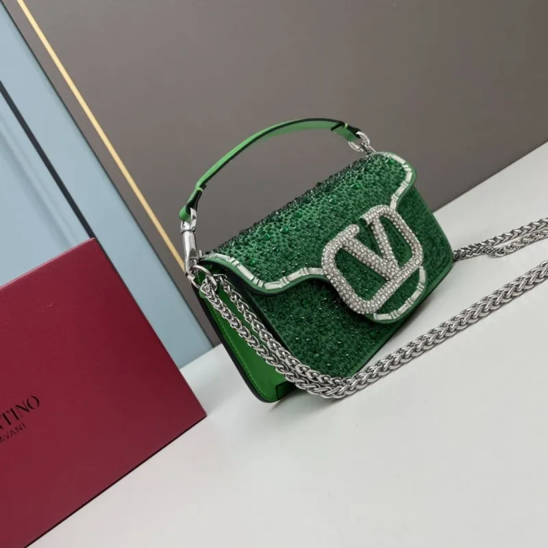Alternative view of Valentino Green Rhinestone Chain Satchel Bag 0227