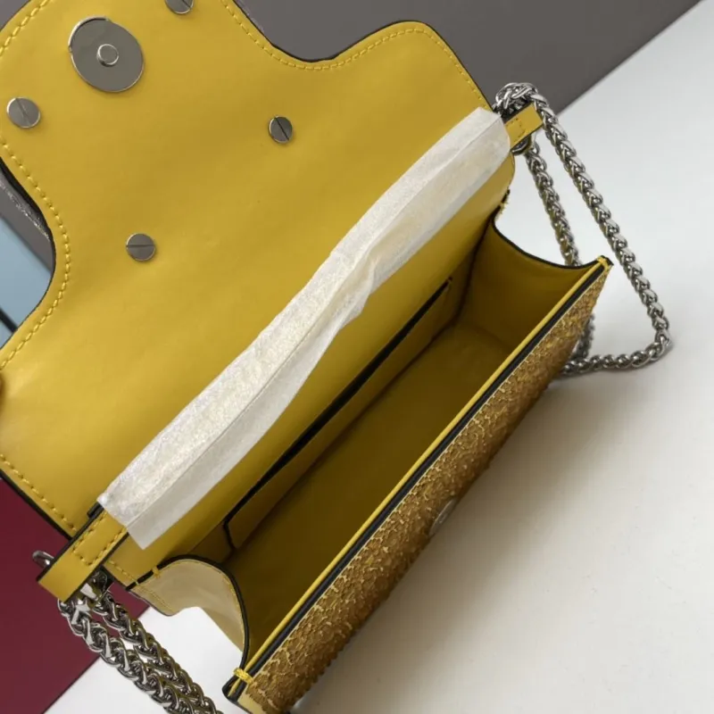 Valentino Yellow Rhinestone Satchel Bag 0227 20x11x5cm - Image 7