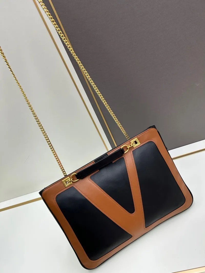 Valentino 0136 Black Brown Leather Chain Satchel Bag - Image 4