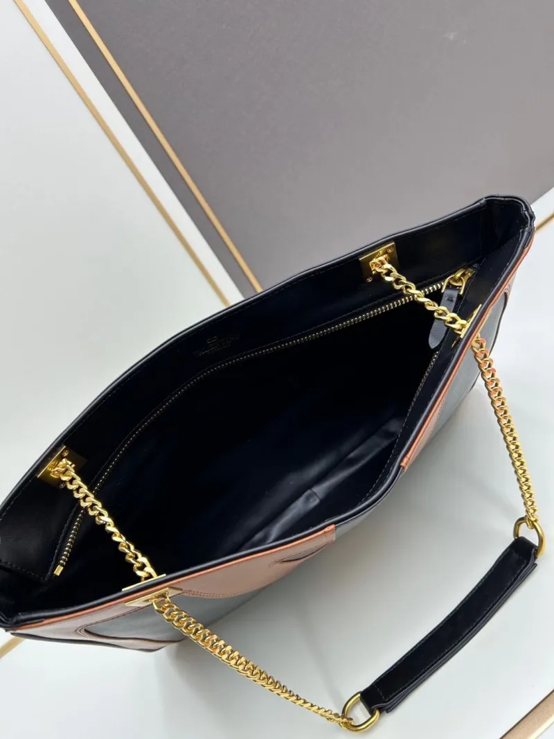 Valentino 0136 Black Brown Leather Chain Satchel Bag - Image 8