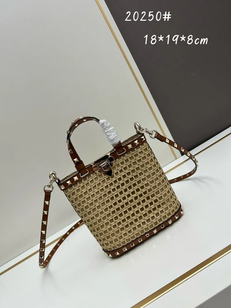 Valentino Woven Studded Satchel Bag 20250 Beige Brown