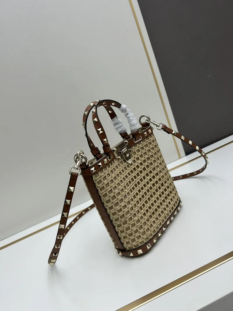 Alternative view of Valentino Woven Studded Satchel Bag 20250 Beige Brown