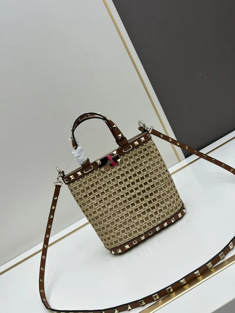 Valentino Woven Studded Satchel Bag 20250 Beige Brown - Image 3