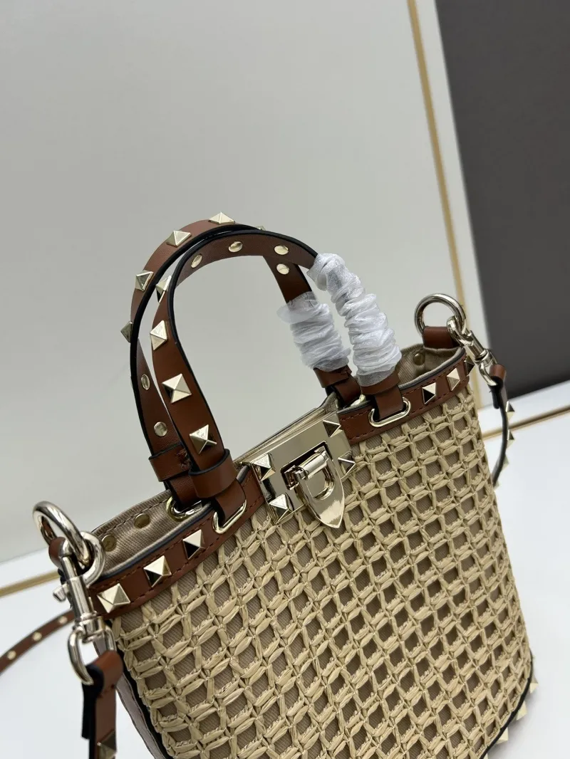 Valentino Woven Studded Satchel Bag 20250 Beige Brown - Image 4