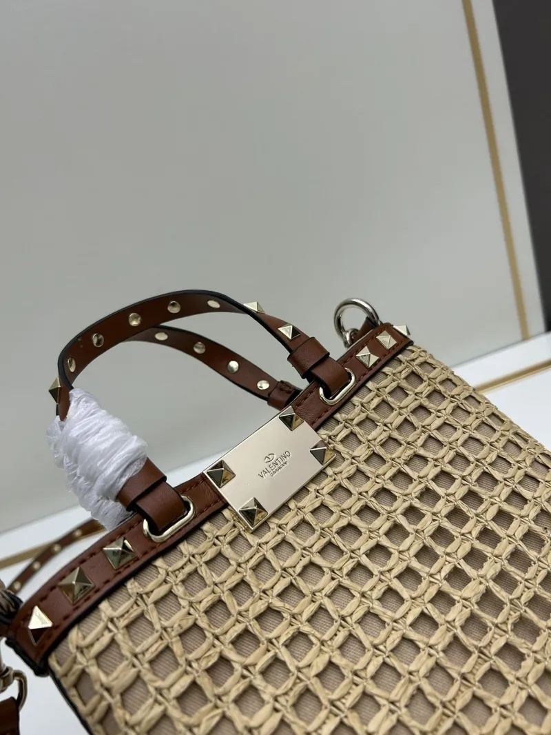 Valentino Woven Studded Satchel Bag 20250 Beige Brown - Image 6