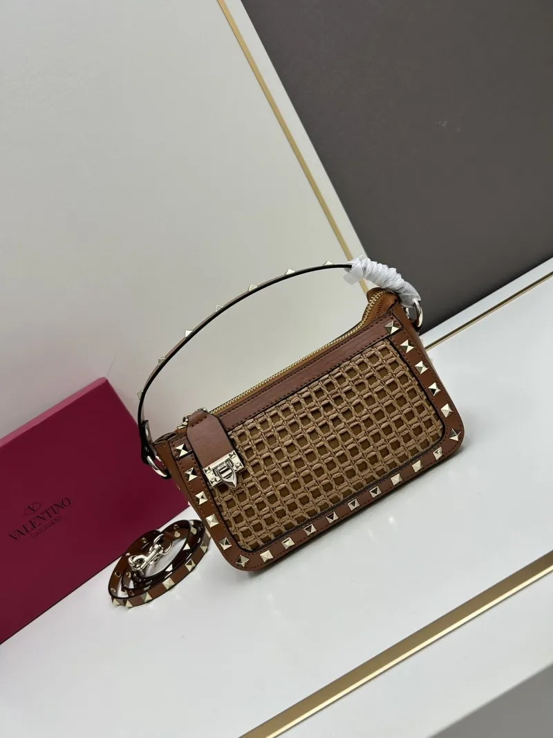Valentino Brown Studded Woven Satchel Bag