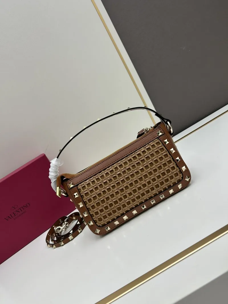 Valentino Brown Studded Woven Satchel Bag - Image 3