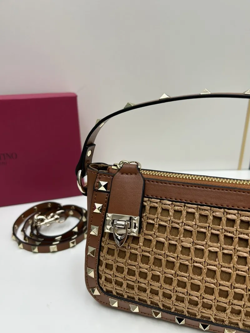 Valentino Brown Studded Woven Satchel Bag - Image 4