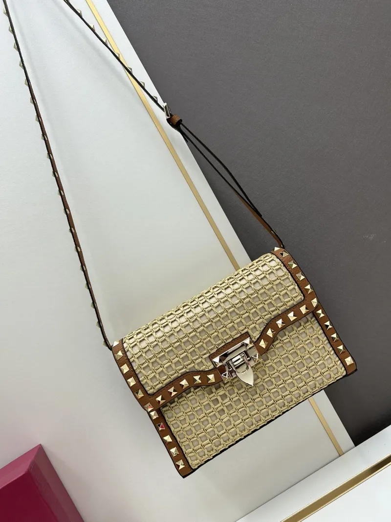Valentino Beige Woven Rockstud Crossbody Satchel Bag 20248