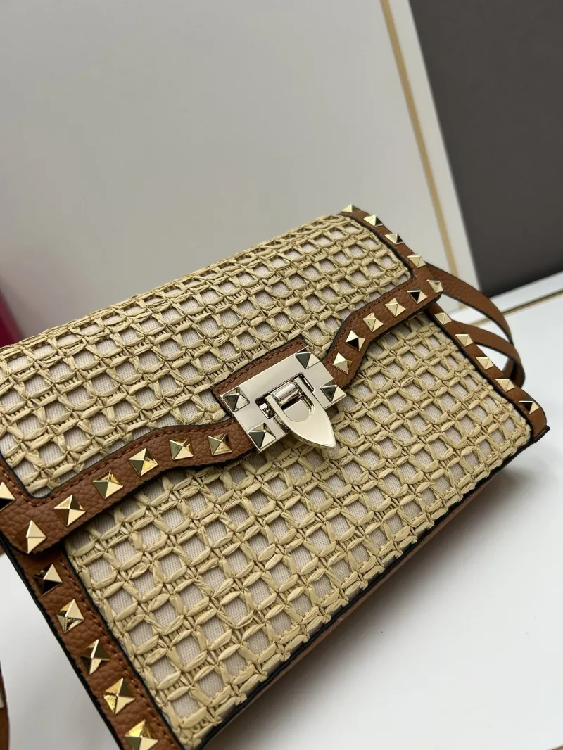 Valentino Beige Woven Rockstud Crossbody Satchel Bag 20248 - Image 5