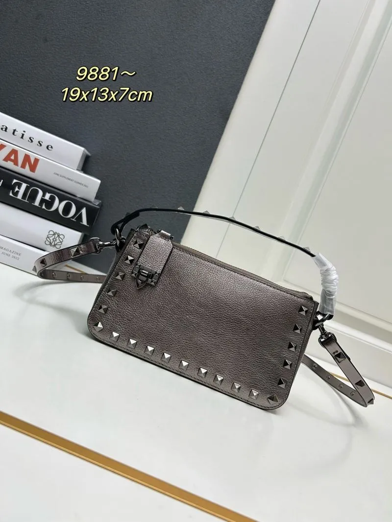 Valentino 9881 Metallic Gray Studded Satchel Bag